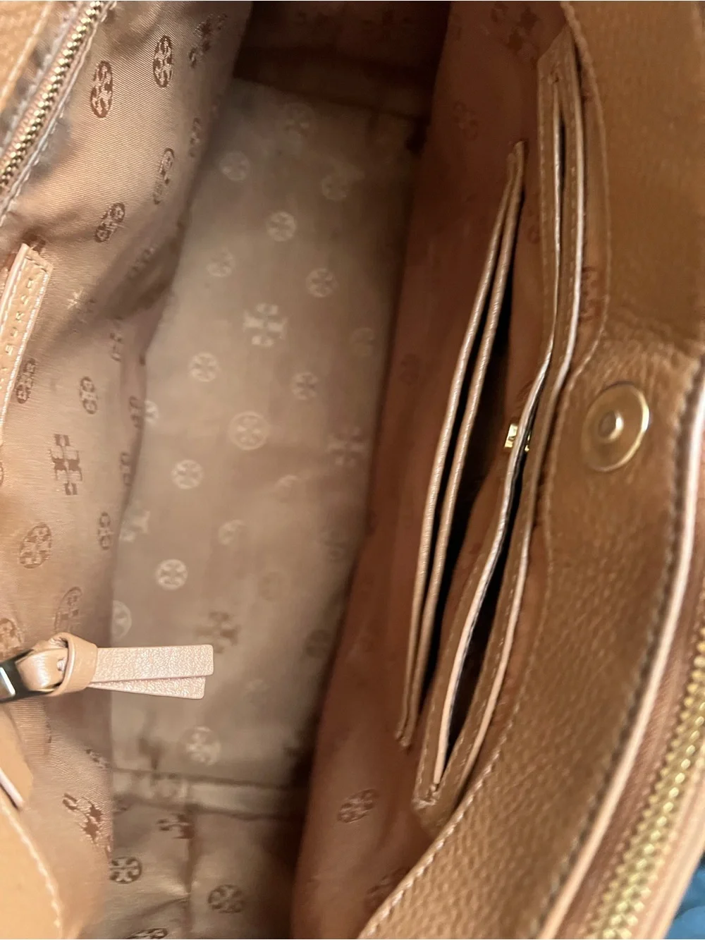 Tory Burch Tan Pebbled Leather Satchel with Wallet and Pom Charm